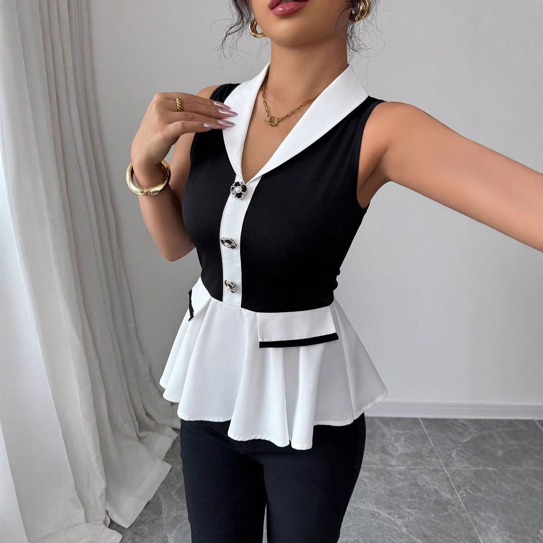 Damen Elegantes Peplum-Oberteil mit Kragen und Knopfdetaillierung EB
