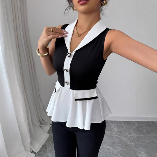 Damen Elegantes Peplum-Oberteil mit Kragen und Knopfdetaillierung EB
