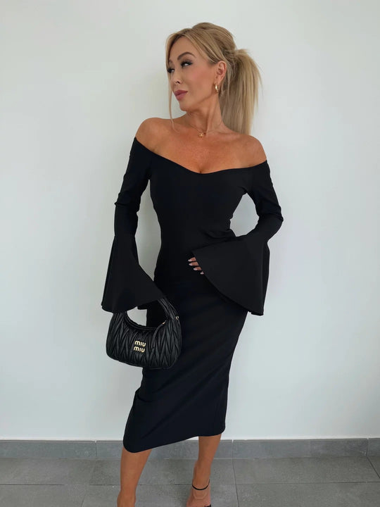 Damen Figurbetontes Wickelkleid mit schulterfreiem Design und weit geschnittenen Ärmeln EB