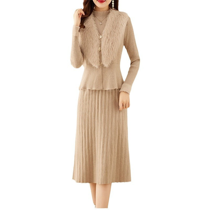 Damen elegantes Strickset mit hochwertigem Fellkragen und modischer Rippstruktur EB