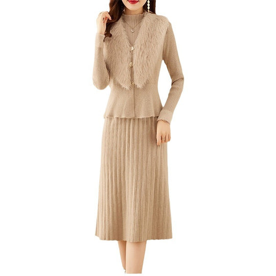 Damen elegantes Strickset mit hochwertigem Fellkragen und modischer Rippstruktur EB