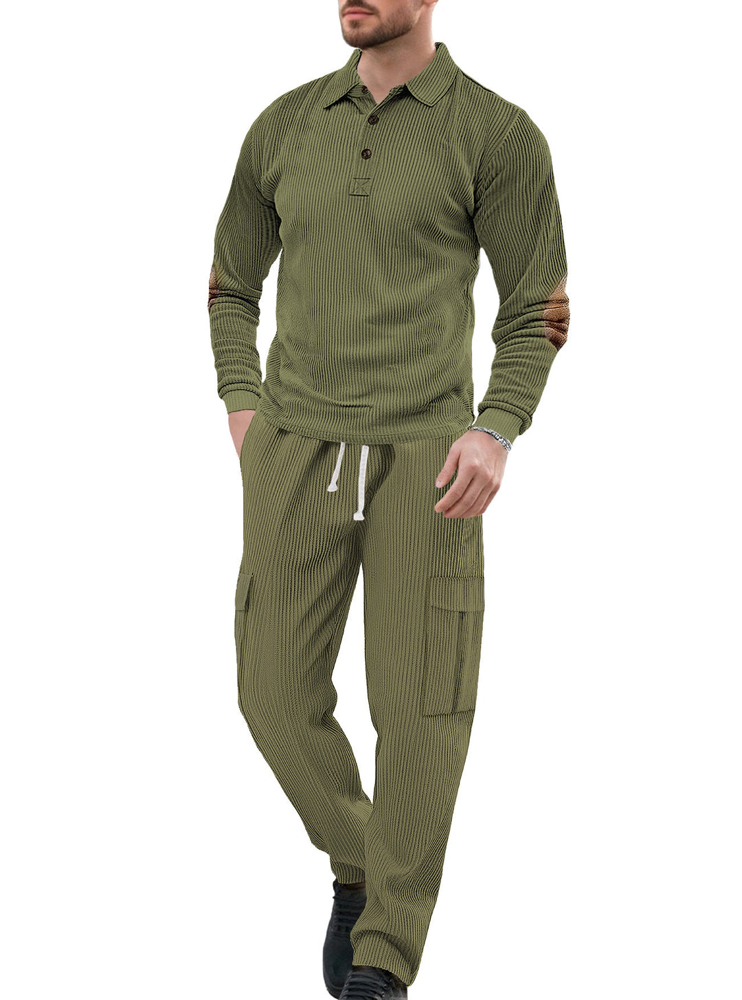Herren nan geripptes Lounge-Set mit Polokragen Ellenbogenpatches und Cargohose EB