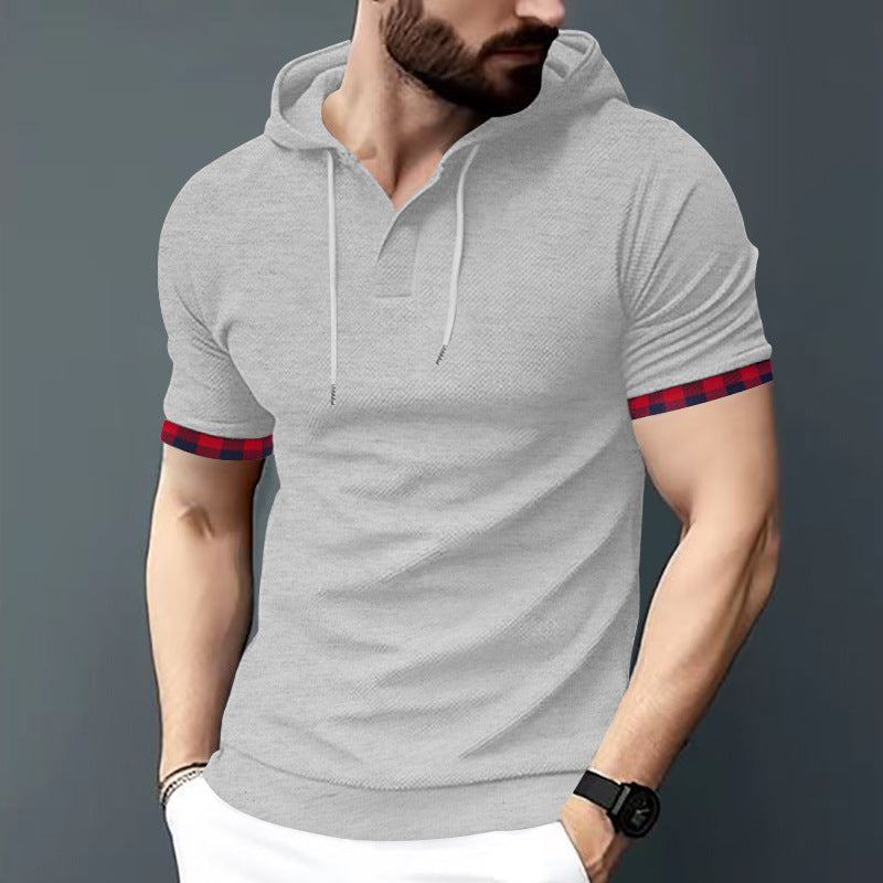 Herren nan figurbetontes Kurzarm-Kapuzenpoloshirt mit Henley-Blende und Kordelzug EB