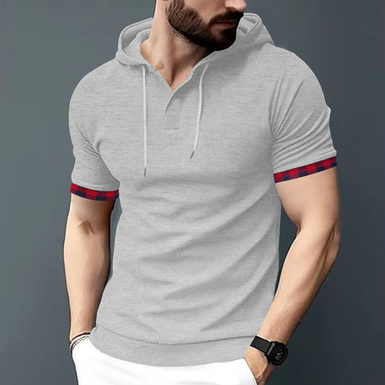 Herren nan figurbetontes Kurzarm-Kapuzenpoloshirt mit Henley-Blende und Kordelzug EB