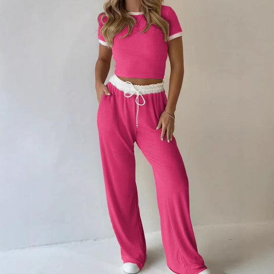 Damen lässiges zwei-teiliges Freizeit-Set mit cropped T-Shirt und weiten Hose EB