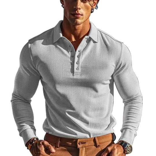 Herren nan körperbetontes Langarm-Henley-Poloshirt aus feiner Rippenstruktur EB