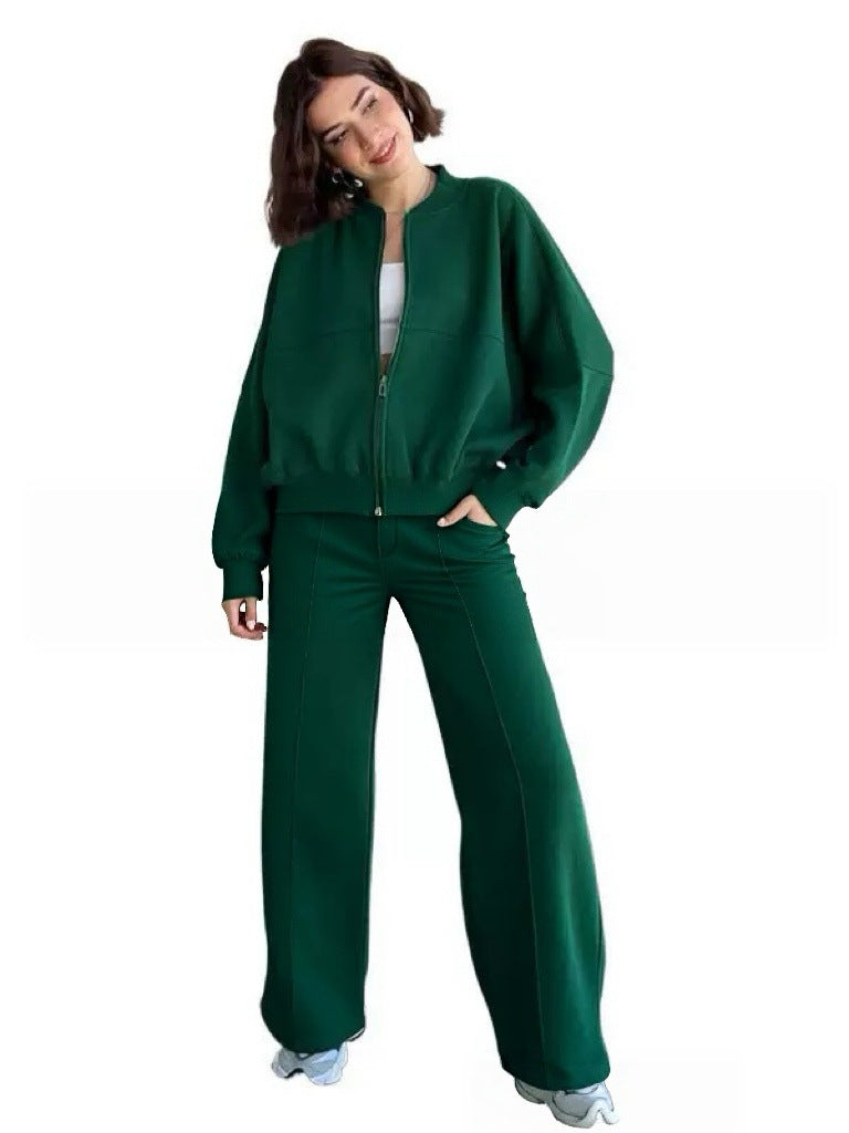 Damen nan kurz geschnittenes Blouson mit Reißverschluss und weiter High-Waist Jogginghose Set EB