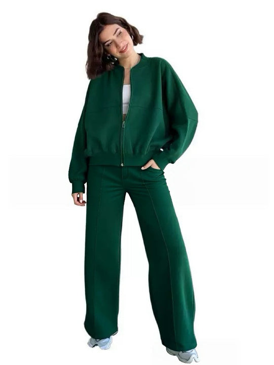 Damen nan kurz geschnittenes Blouson mit Reißverschluss und weiter High-Waist Jogginghose Set EB