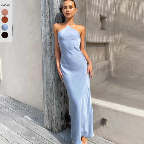 Damen Satin-Maxikleid mit schulterfreiem Design und elegantem Fall EB