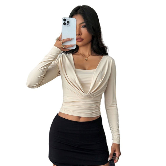 Damen drapiertes Langarm-Cropped-Top mit Wasserfall-Cowl Untertop-Einsatz und taillierter Raffung Eichborn Berlin