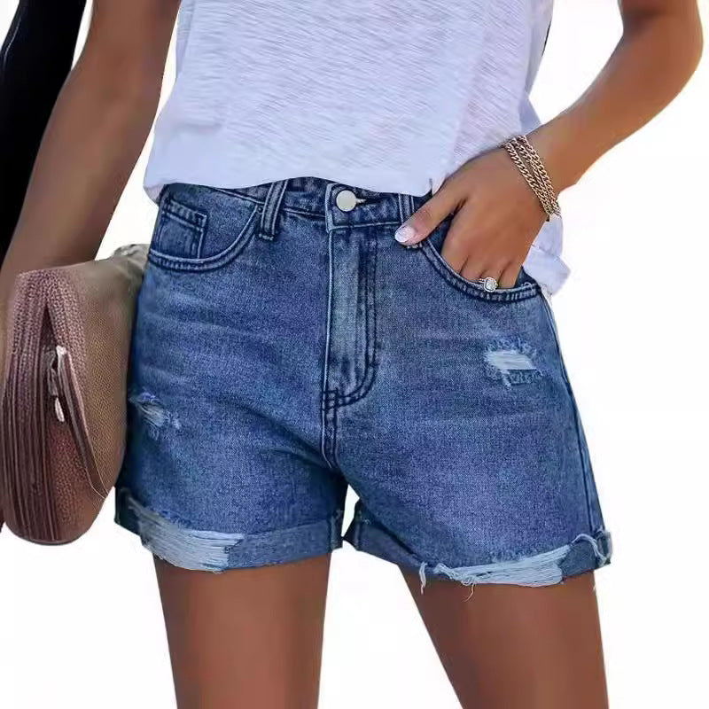 Damen Sommerliche Destroyed Jeansshorts mit umgeschlagenem Saum EB