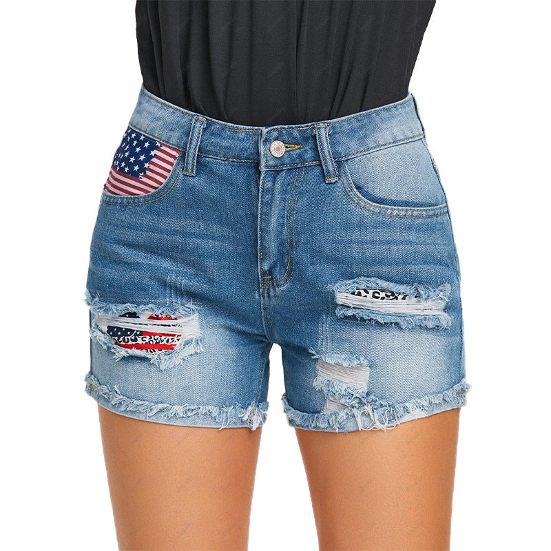 Damen Denim-Shorts mit einzigartigem Flaggen-Design und modischen Rissen EB
