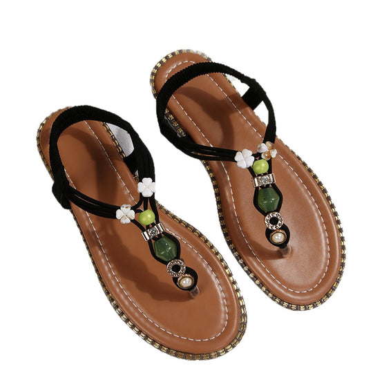 Damen Zehentrennersandalen mit dekorativen Perlenakzenten und komfortablem Fußbett EB
