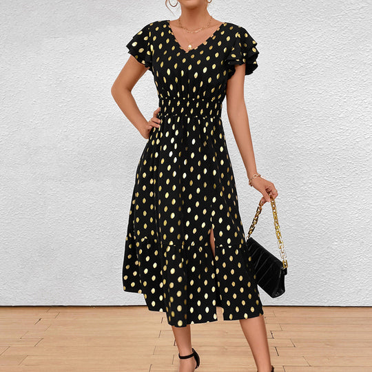 Damen Maxikleid mit Rüschendetails und schimmerndem Punktmuster EB