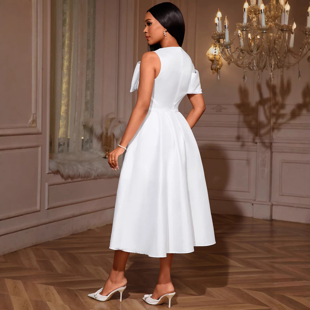 Damen Elegantes Midi-Kleid mit schickem Drapierungsakzent und voluminösem Oberteil EB