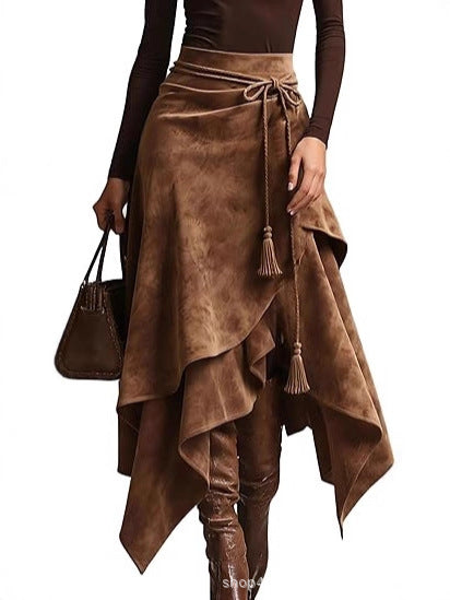 Damen asymmetrischer Wickelrock mit dekorativen Quasten EB