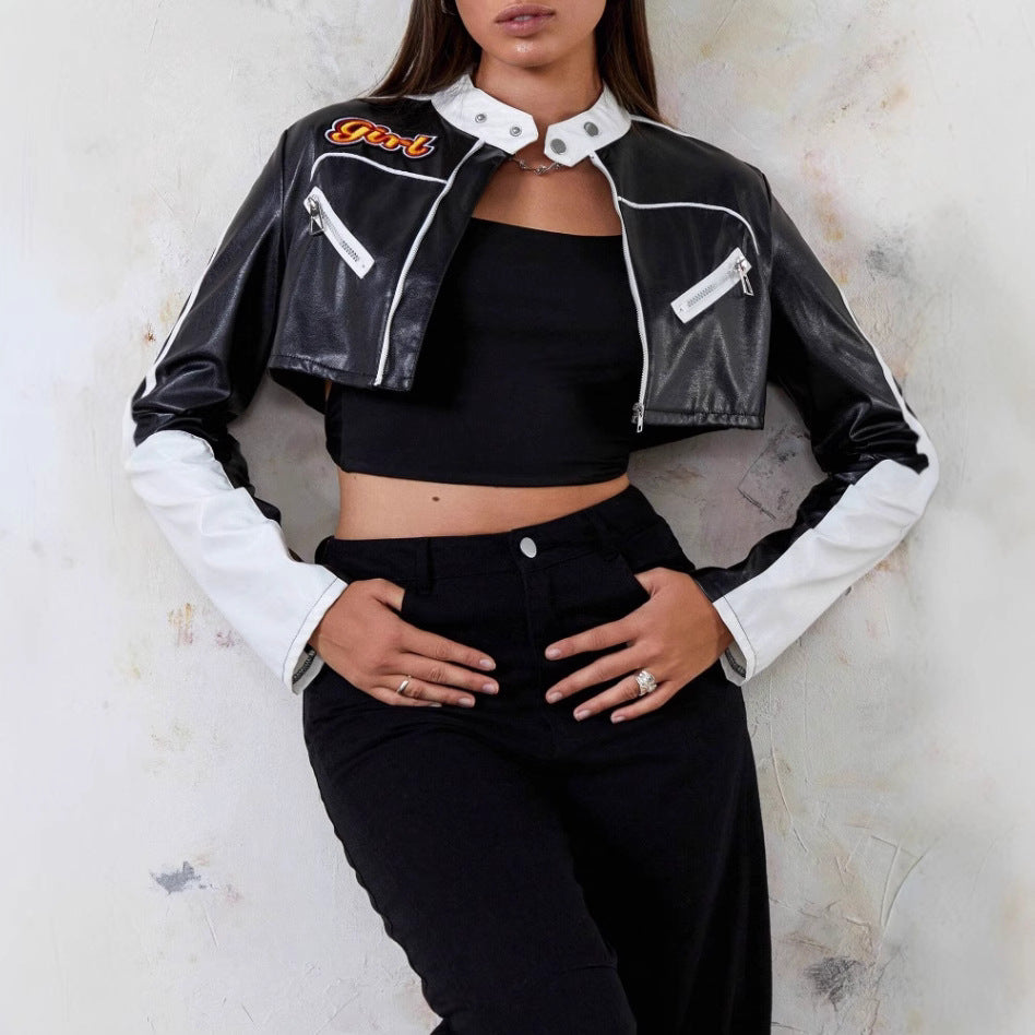 Damen modische cropped Kunstlederjacke EB
