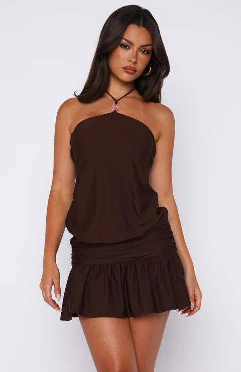 Damen Unterkleid mit verstellbarem Halterneck und Rüschensaum EB