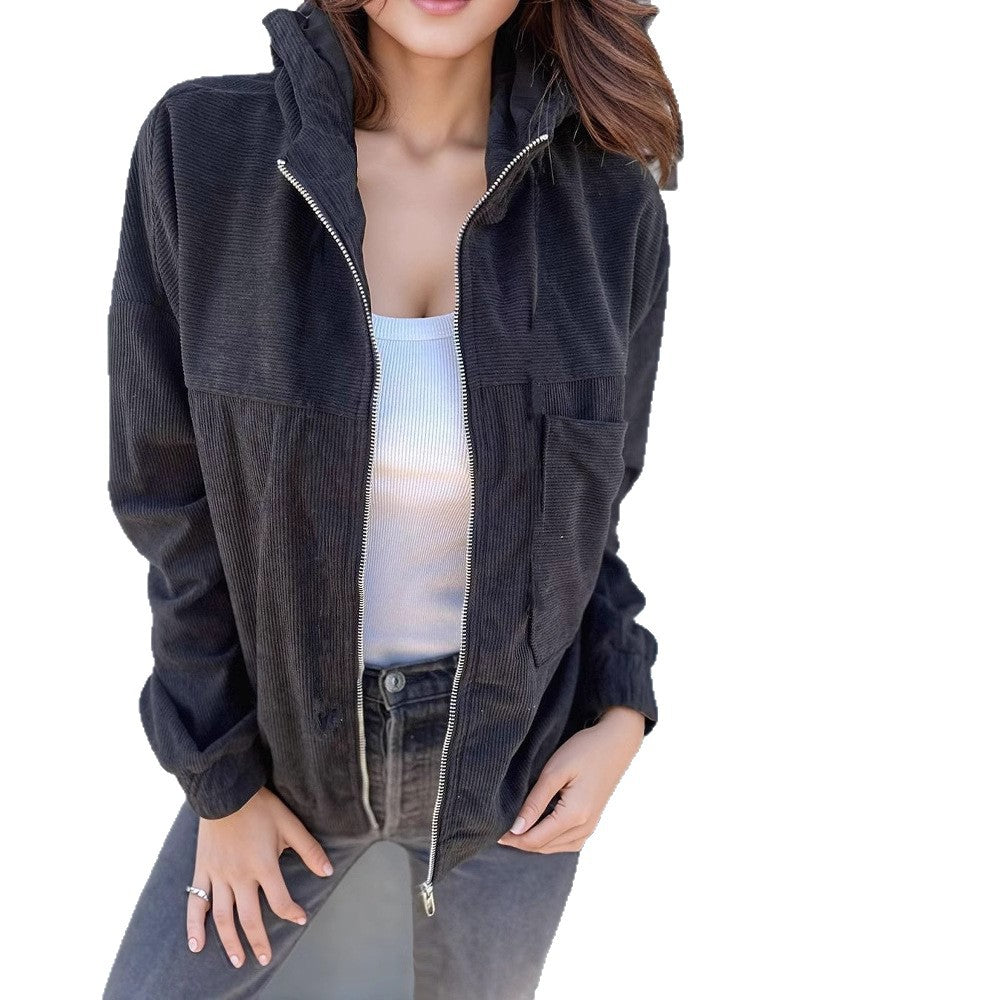 Damen lässige Cordjacke mit praktischen Taschen und elegantem Reißverschluss EB