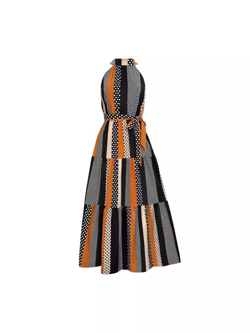 Damen Maxikleid mit modernem High-Neck Design und buntem Patchwork EB