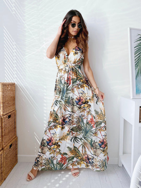 Damen Maxikleid mit floralem Druck und tiefer V-Ausschnitt EB