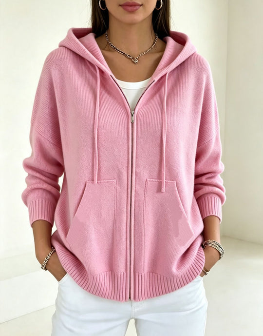 Damen Kapuzen-Wollmix Zip-Cardigan mit kastiger Passform und Kängurutaschen EB