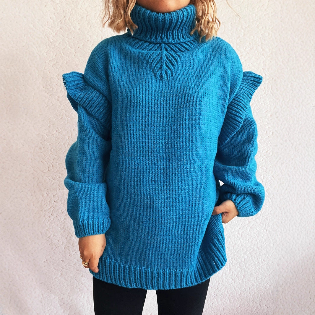 Damen kuscheliger Strickpullover mit Rüschenärmeln und hohem Kragen EB