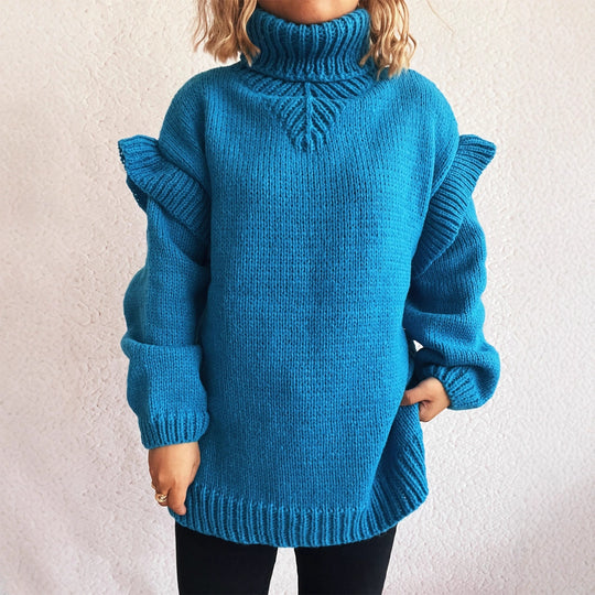 Damen kuscheliger Strickpullover mit Rüschenärmeln und hohem Kragen EB