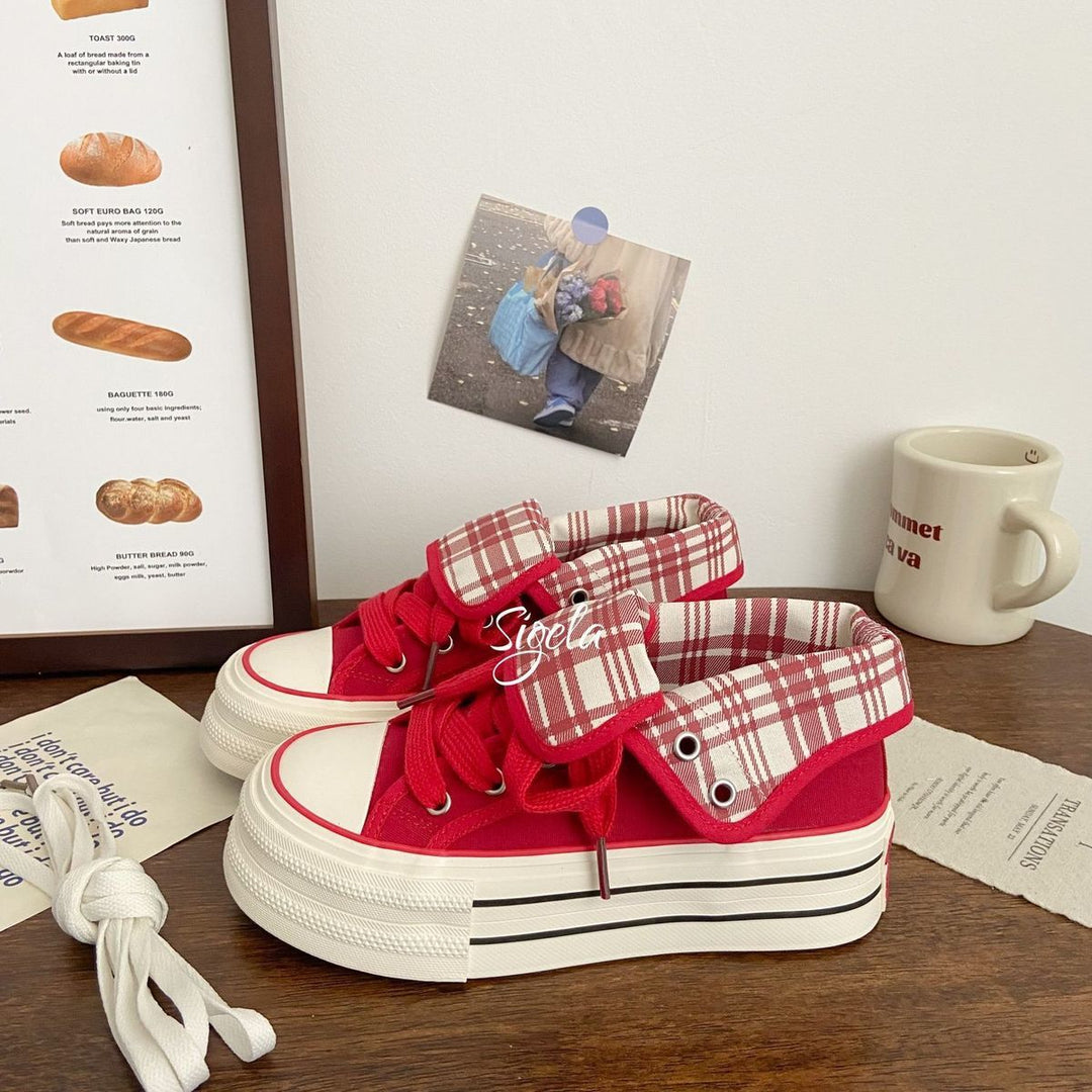 Damen Plateau Sneakers mit verspieltem Karomuster und praktischer Schnürung EB