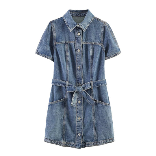 Damen Jeanskleid mit Taillengürtel und Kurzarm EB