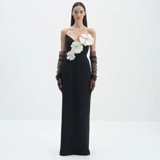 Damen Elegantes bodenlanges Kleid mit asymmetrischem Ausschnitt und floralen Details EB