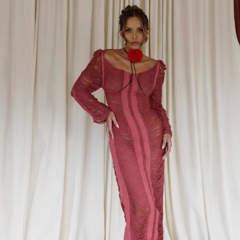 Damen elegantes Strandkleid mit raffinierten Fransen und transparenten Elementen EB