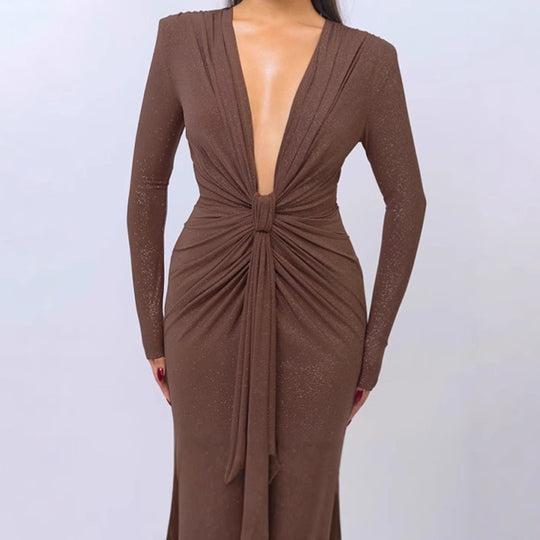 Damen Elegantes Wickelkleid mit tiefem V-Ausschnitt und figurbetontem Design EB