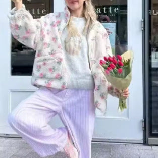 Damen nan Teddy-Fleece Jacke mit floralem Muster, Feincord-Einsätzen, Stehkragen und Reißverschluss EB