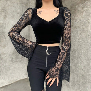 Damen Crop-Top mit eleganten Spitze-Ärmeln und figurbetontem Schnitt EB
