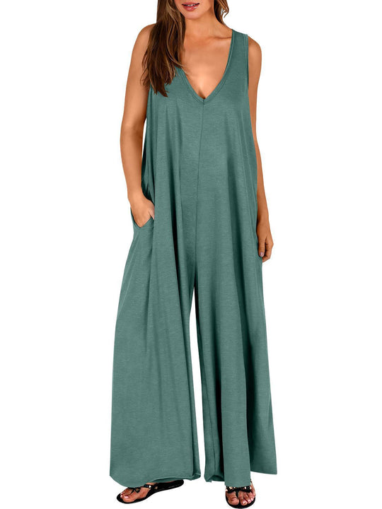 Damen weit geschnittene Jumpsuit mit V-Ausschnitt EB