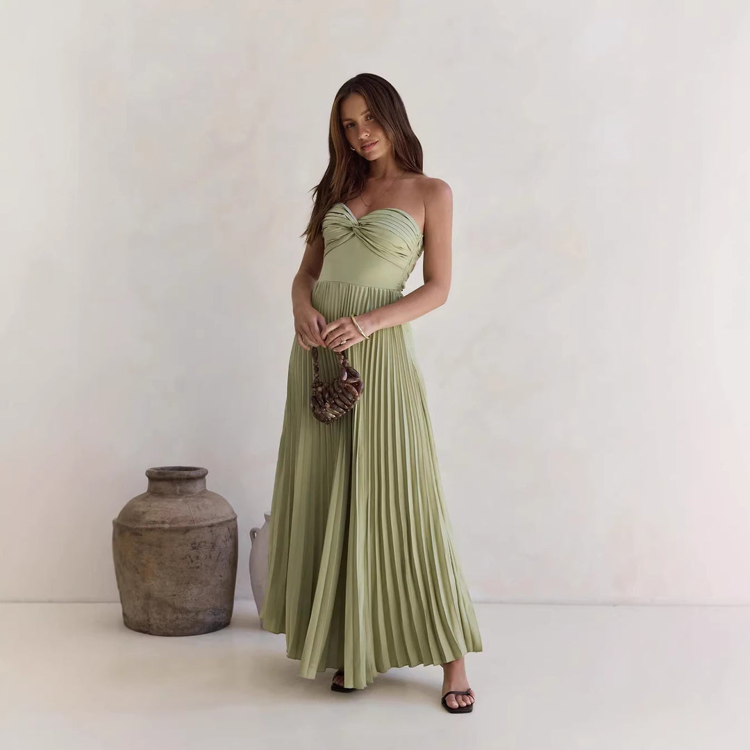 Damen Langärmliges Plisseekleid mit elegantem Oberteil und fließendem Rock EB