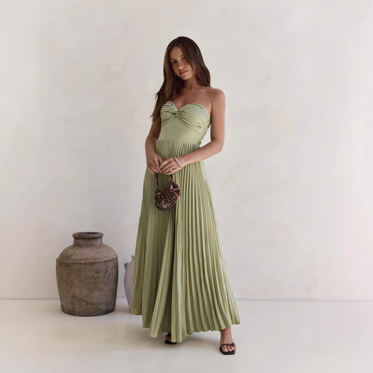 Damen Langärmliges Plisseekleid mit elegantem Oberteil und fließendem Rock EB