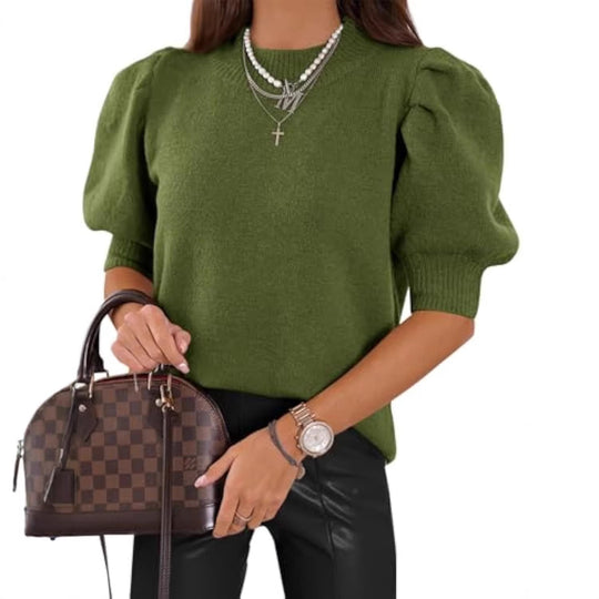 Damen Kurzgeschnitteter Feinstrickpullover mit Puffärmeln und Rippbündchen EB