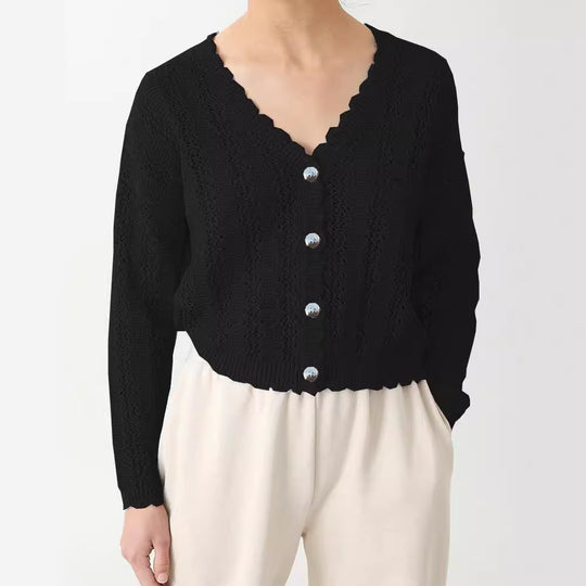 Damen Strickjacke mit filigranem Lochmuster und Wellenabschlüssen EB