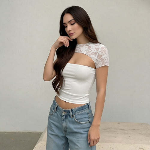Damen Crop-Top mit Spitzenärmel und figurbetontem Schnitt EB