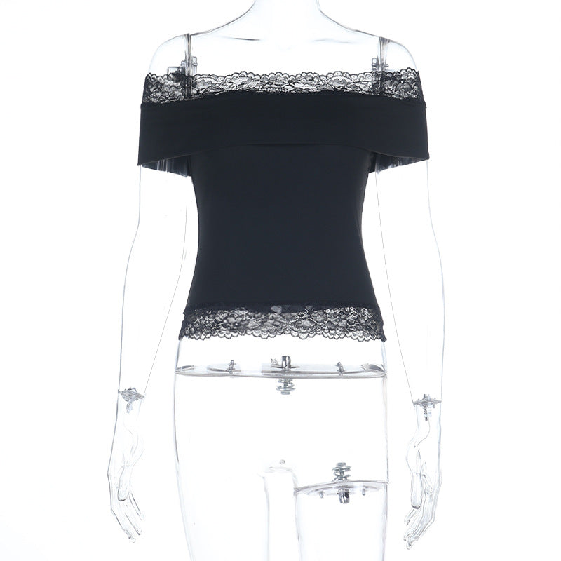 Damen schulterfreies Top mit Spitzenbesatz EB