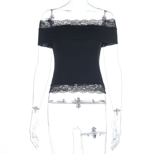 Damen schulterfreies Top mit Spitzenbesatz EB