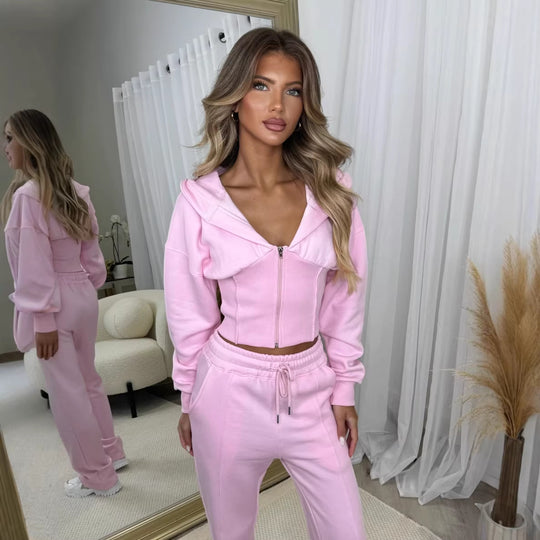 Damen Zweiteiler aus Sweat mit Cropped Kapuzenjacke und High-Waist Jogginghose EB