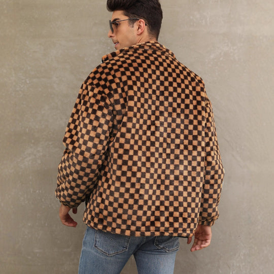 Herren Plüschjacke mit Karo-Muster und hohem Kragen EB