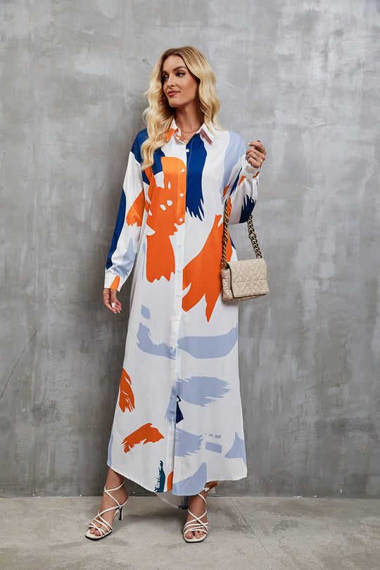 Damen Hemdblusenkleid mit farbenfrohem grafischen Muster und legere Passform EB