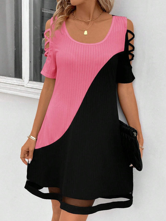 Damen modisches Freizeitkleid mit Cut-Out Ärmeln und asymmetrischem Design EB