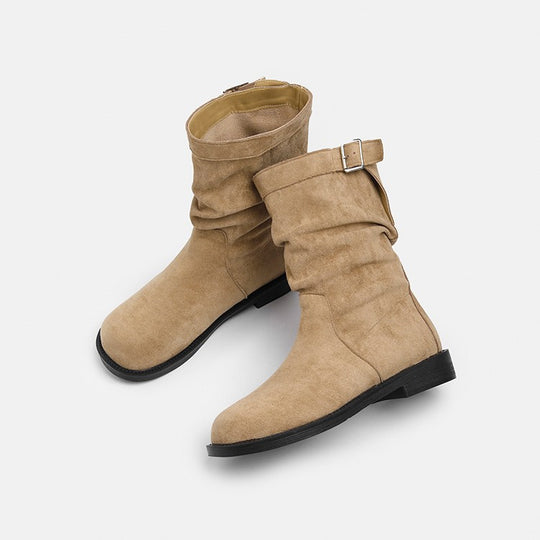 Damen Trendige Stiefel mit modischem Falten-Design und dekorativem Schnallenverschluss EB