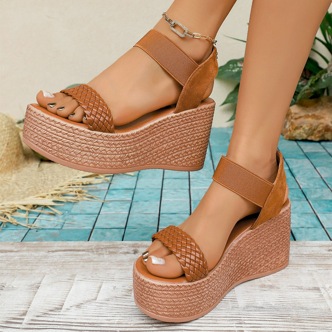 Damen Wedge-Sandalen mit geflochtenem Riemen und elastischem Knöchelriemen EB