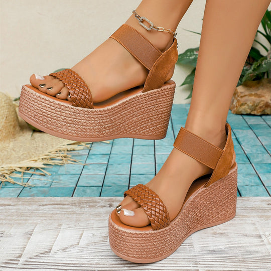 Damen Wedge-Sandalen mit geflochtenem Riemen und elastischem Knöchelriemen EB